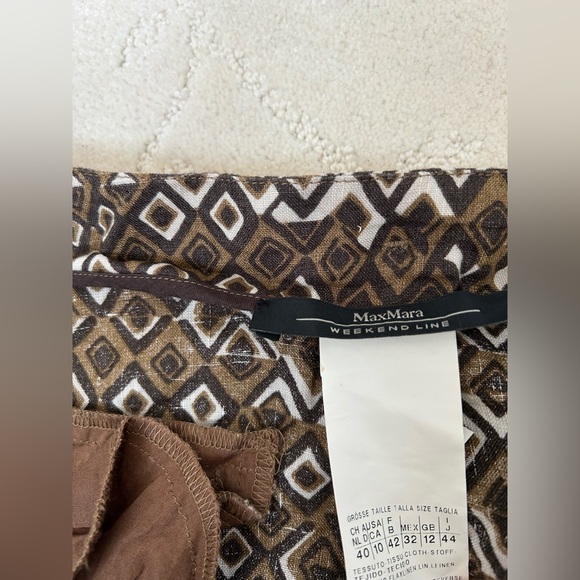 Weekend Max Mara Linen Pleated Skirt Size 10 Tribal Geometric Pattern Natural - Picture 9 of 13